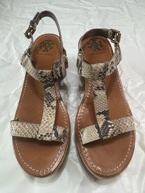 Tory Burch Beige and Brown Snake-Print T-Strap Sandals